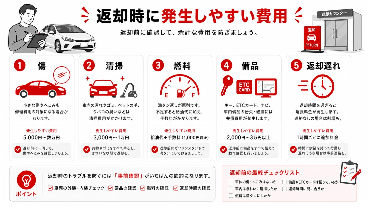 返却時に発生しやすい費用