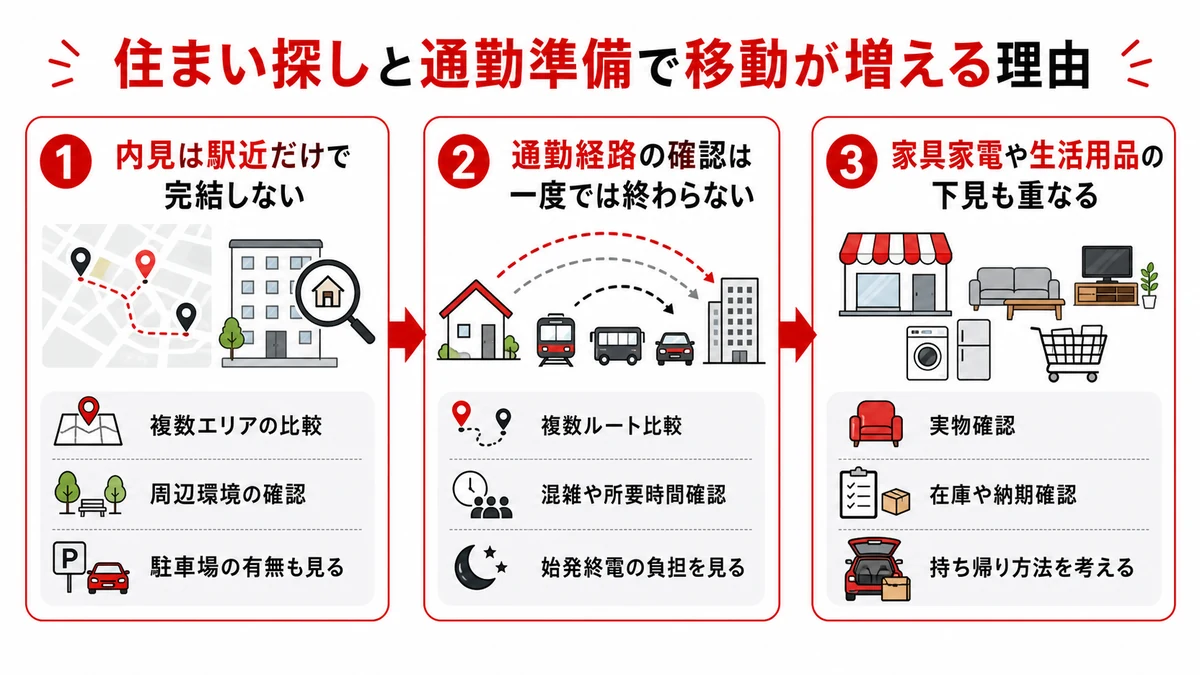 住まい探しと通勤準備で移動が増える理由
