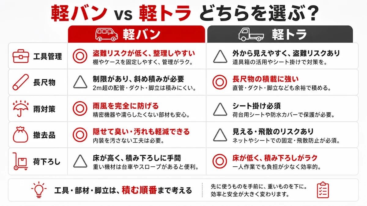 設備工事で軽バンと軽トラを選ぶ比較表