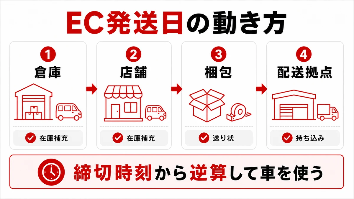 店舗・倉庫・配送拠点を往復するEC発送日の流れ