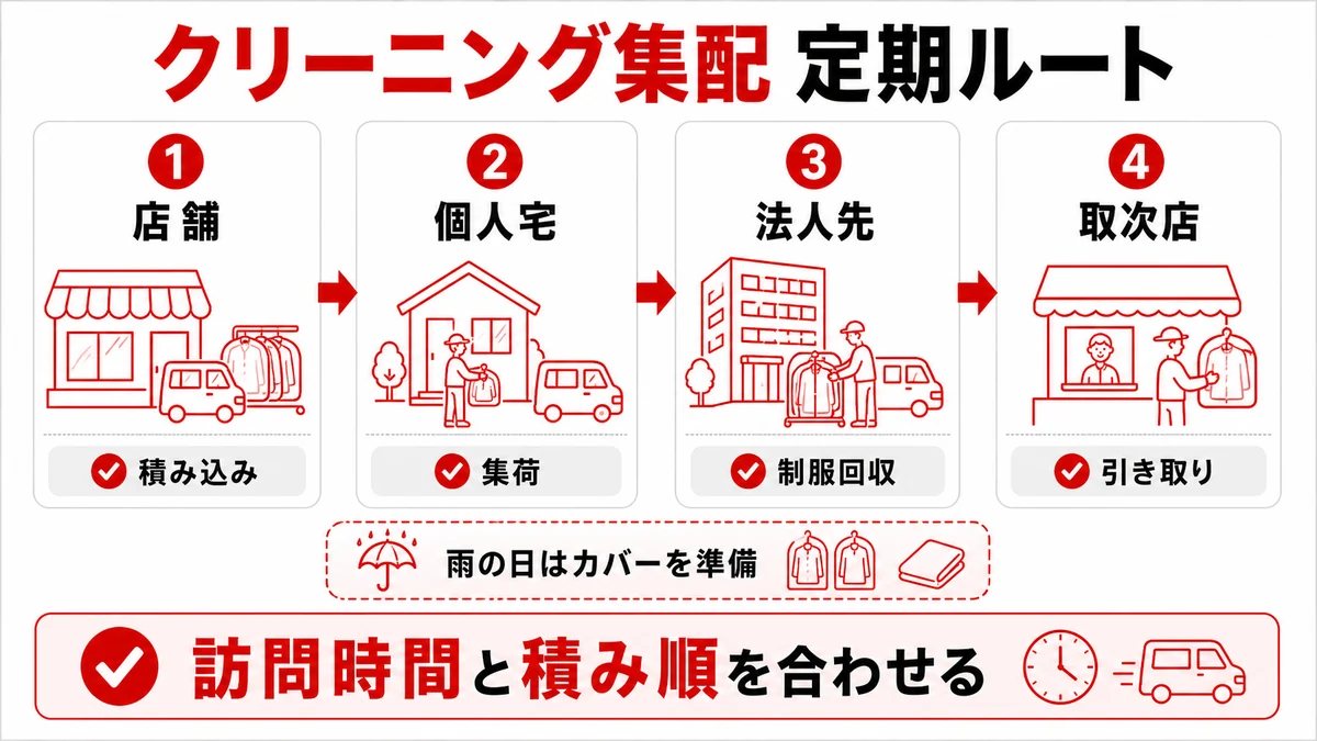 個人宅・法人先・取次店を回るクリーニング集配ルート