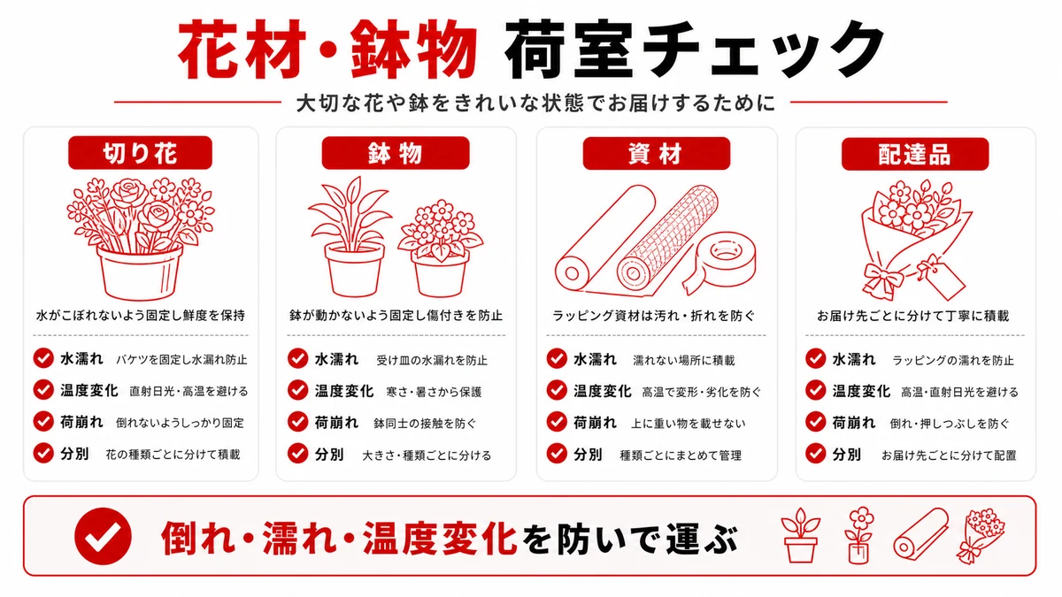 花材・鉢物・資材を運ぶ荷室チェック