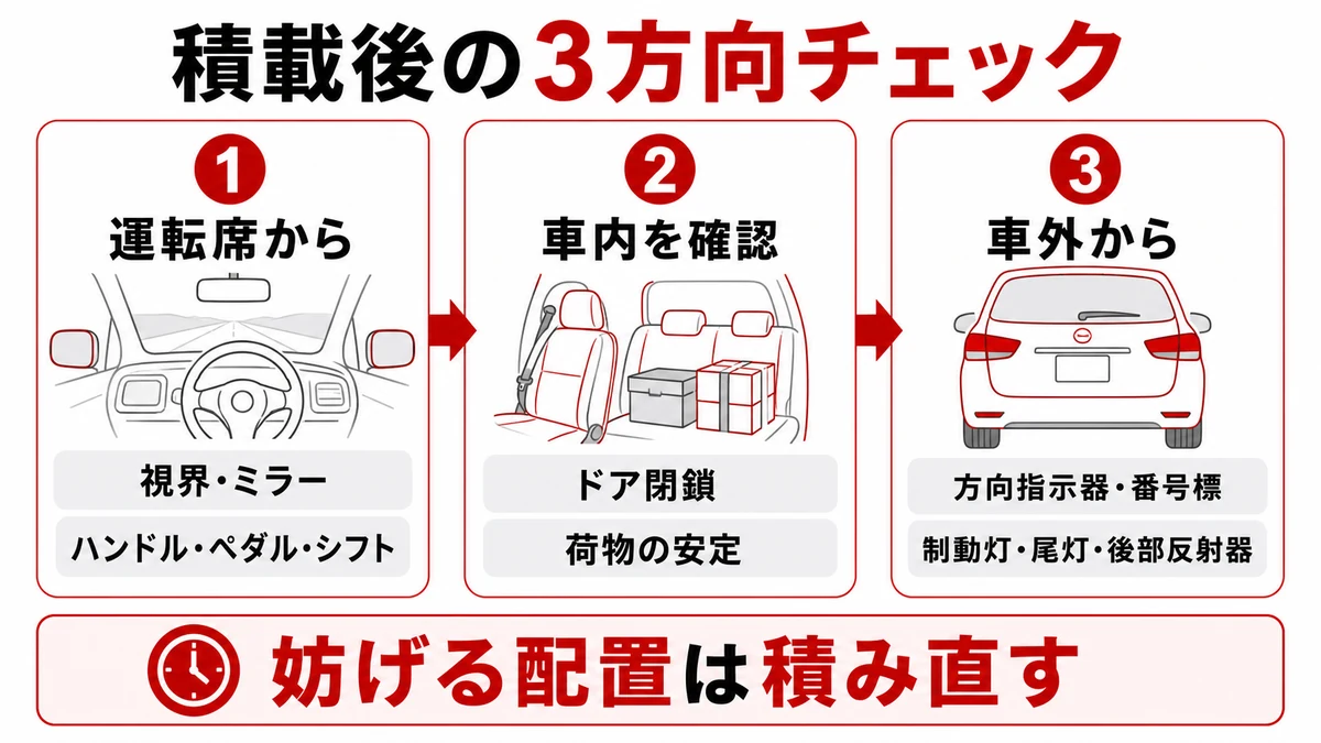 積載後に運転席・車内・車外を確認する図