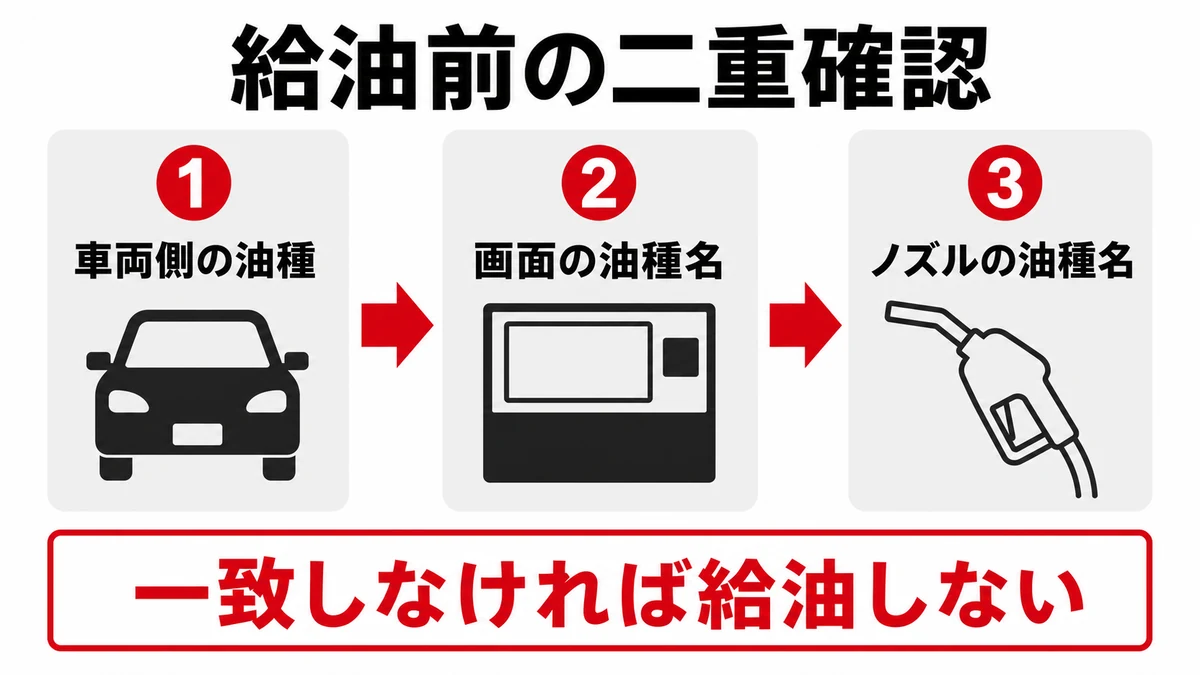 給油前に車両側、画面、ノズルの油種名を順に確認する図