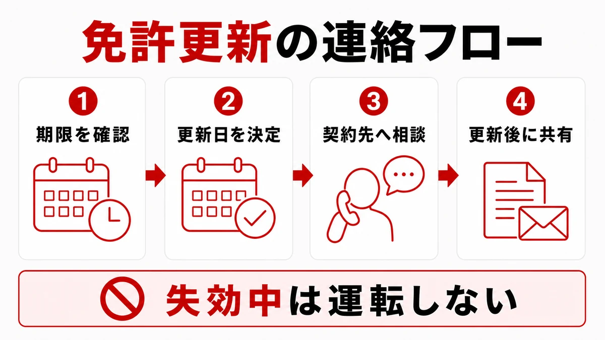 免許更新前後の契約先への連絡フロー
