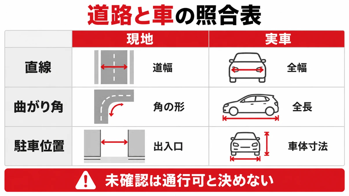 道路側と実車側を直線・曲がり角・駐車位置で照合する表