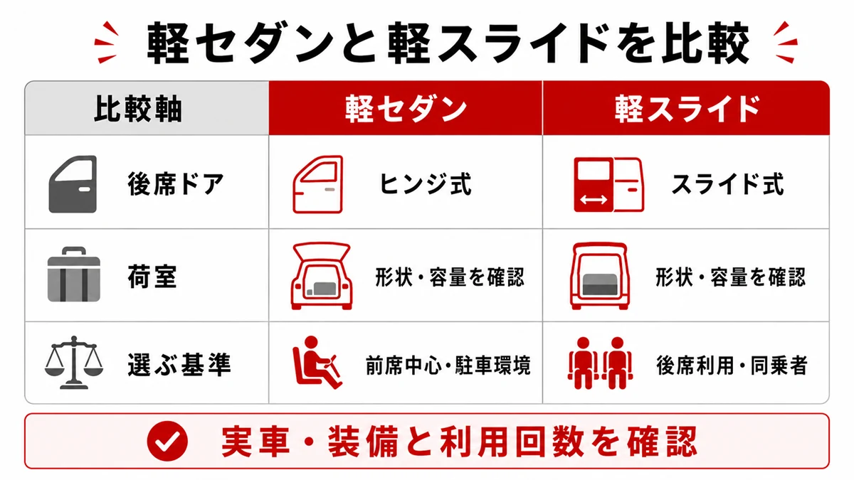 軽セダンと軽スライドの乗降性・荷室・用途比較