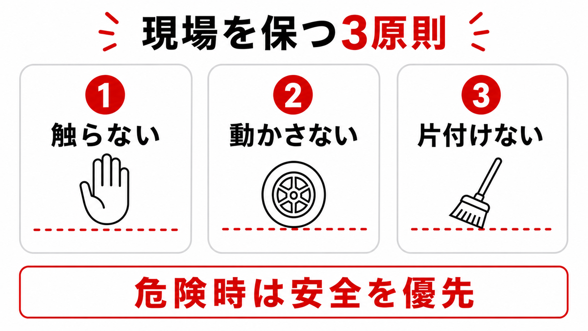 車上荒らしや盗難被害の現場で触らない、動かさない、片付けないという3原則