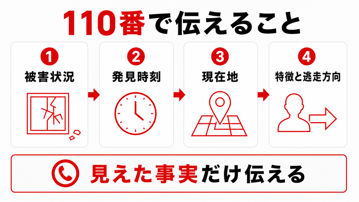 緊急時の110番で被害状況、発見時刻、現在地、犯人の特徴と逃走方向を伝える4ステップ