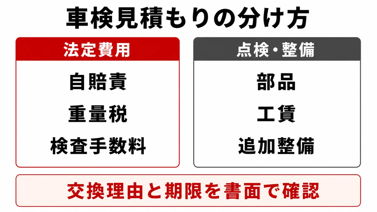 車検見積もりを法定費用と点検整備料金に分ける比較図