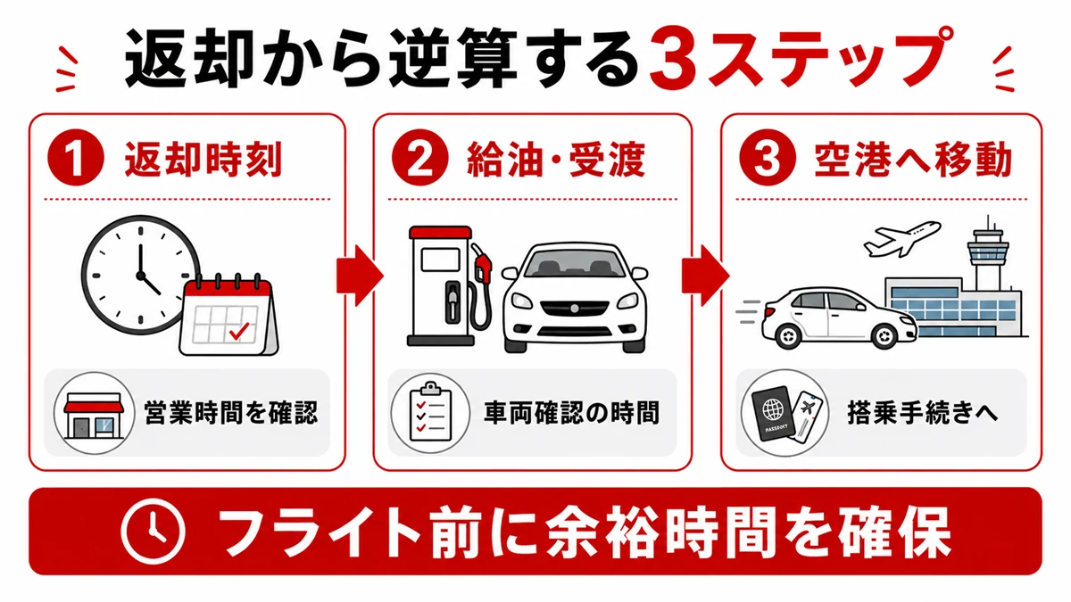 フライト時刻から逆算するレンタカー返却手順