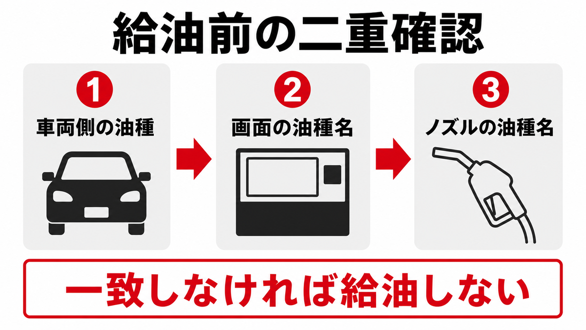 給油前に車両側、画面、ノズルの油種名を順に確認する図
