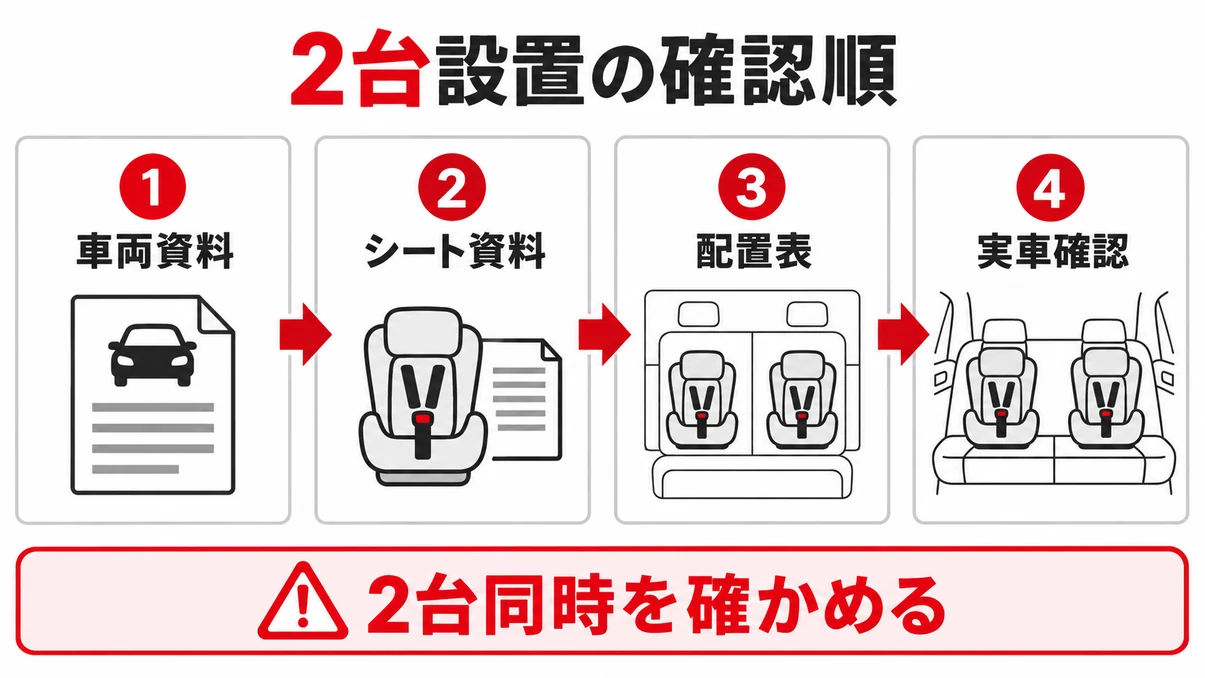 車両資料とシート資料から2台同時設置・実車確認へ進む手順図