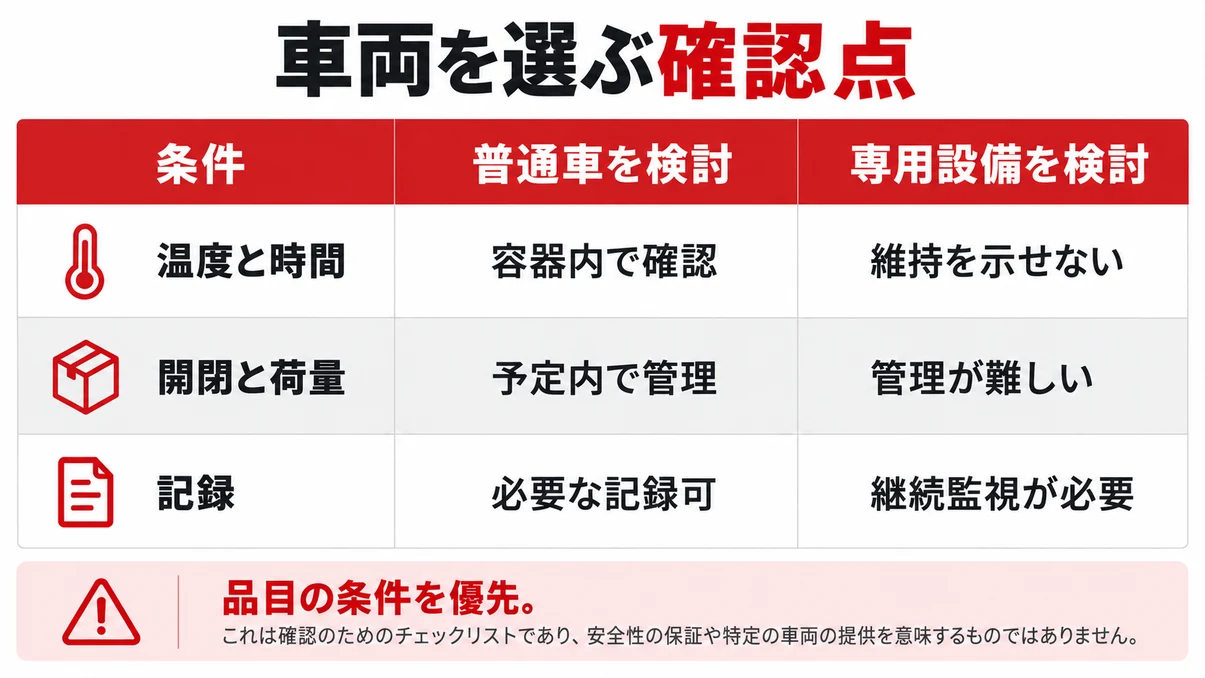 温度と時間、開閉と荷量、記録の条件から普通車と専用設備を比較する表