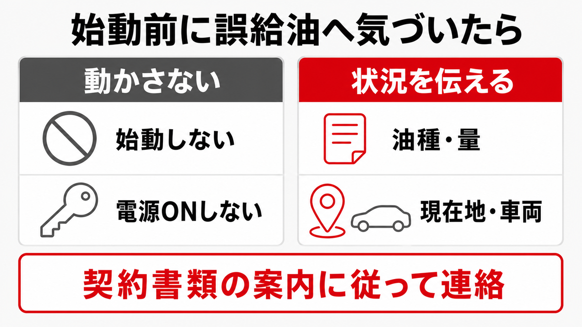 誤給油へ始動前に気づいた際に車を動かさず状況を整理して連絡する図