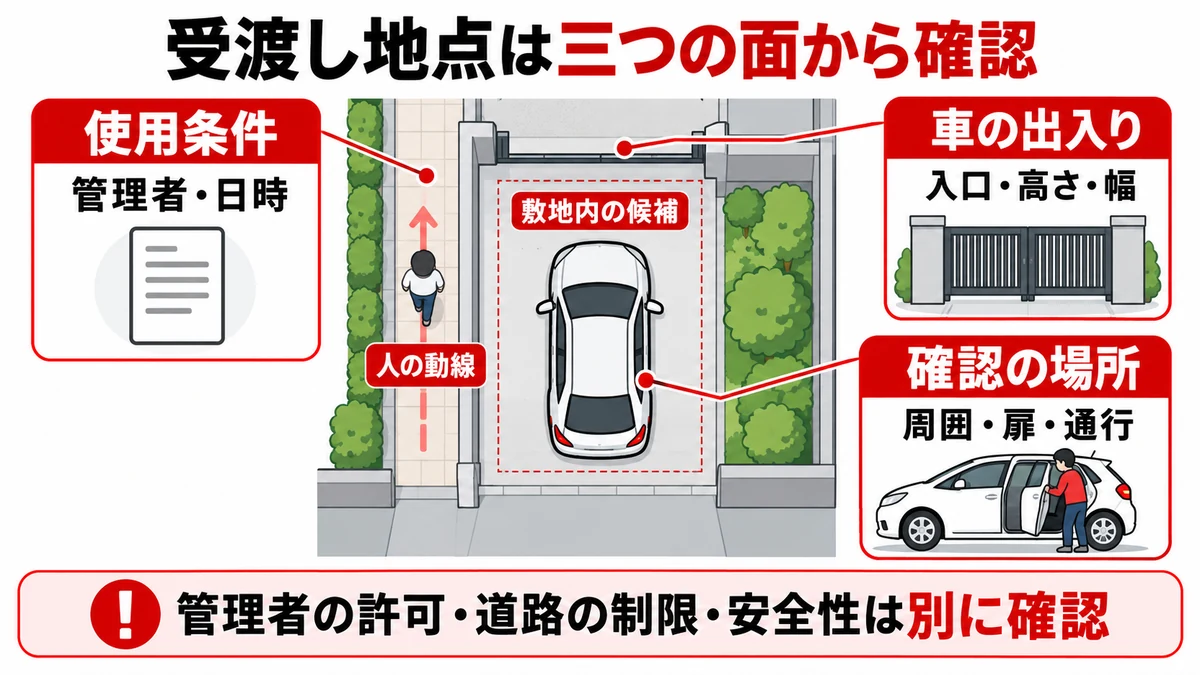 敷地内の受渡し候補で使用条件・車の出入り・周囲の動線を照合する図