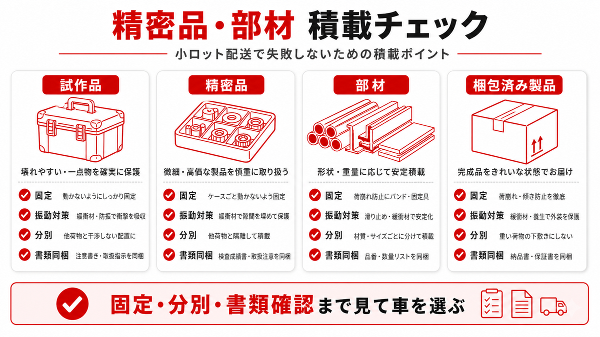 製造業の試作品・精密品・部材を積む車両チェック