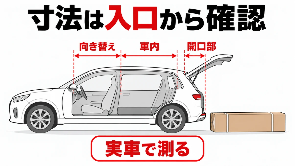 長い荷物の積み込みで開口部・車内・向き替えを確認する図