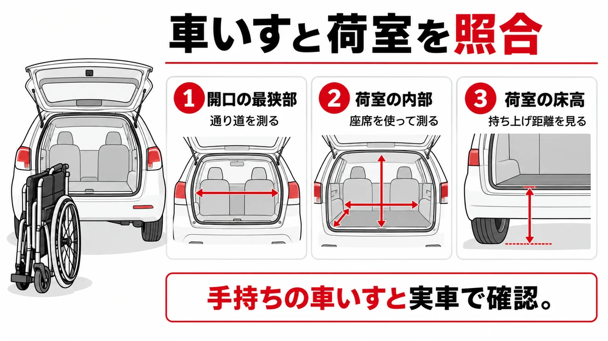 折りたたみ車いすと実車の開口最狭部・荷室内部・床高を照合する図