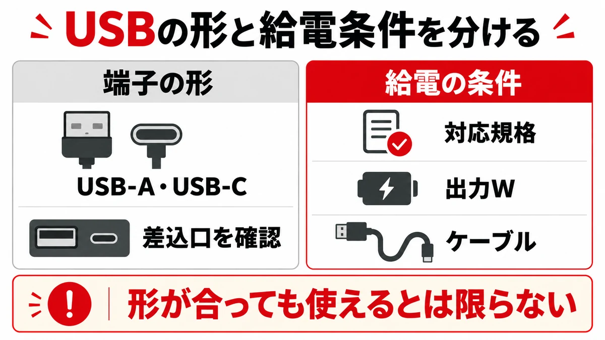 USBの形と給電条件を分けて確認