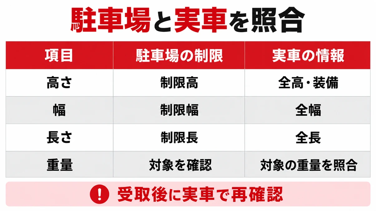 駐車場の高さ・幅・長さと指定された重量条件を実車の該当情報と照合する表