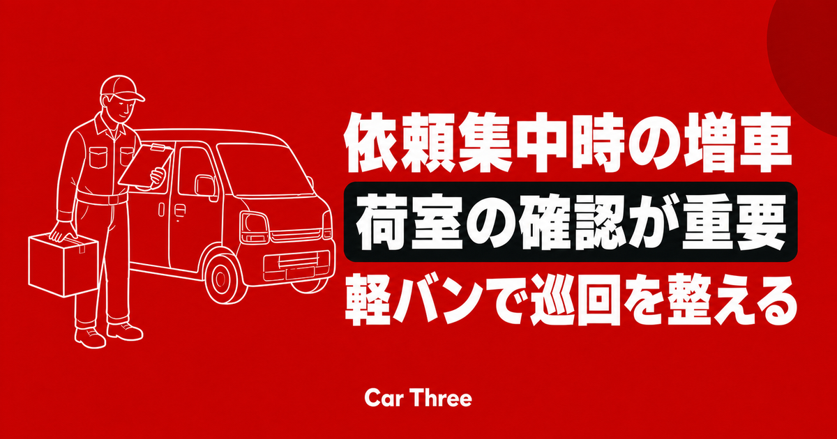 害虫駆除の依頼集中時に軽バンを増車し、荷室と巡回計画を確認するイメージ