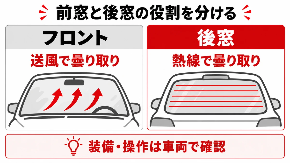 フロントの送風と後窓の熱線を分ける比較図