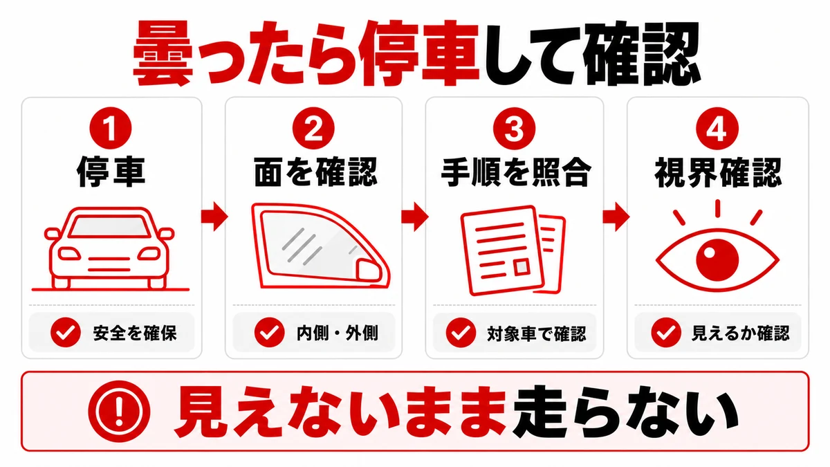 停車・曇る面・対象車の手順・視界の順に確認する図