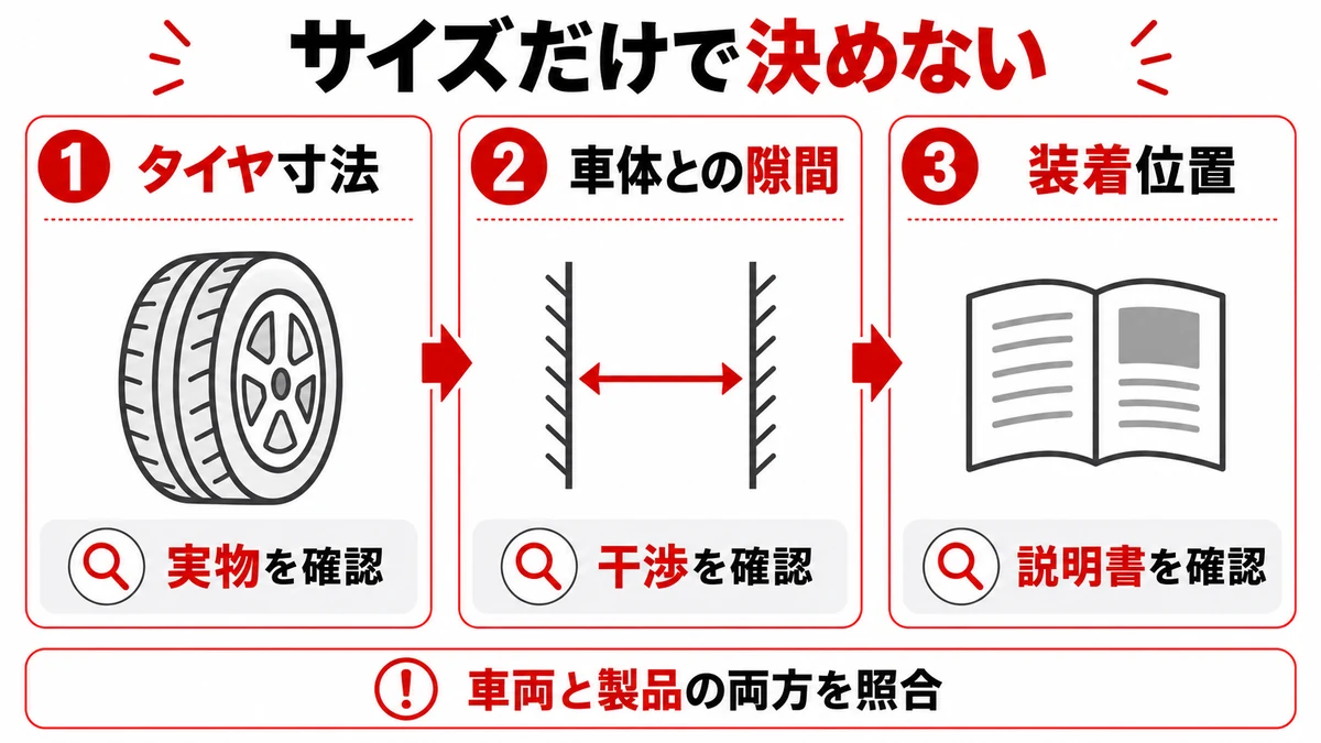 チェーンはタイヤ寸法・車体との隙間・装着位置を照合する三つの確認図